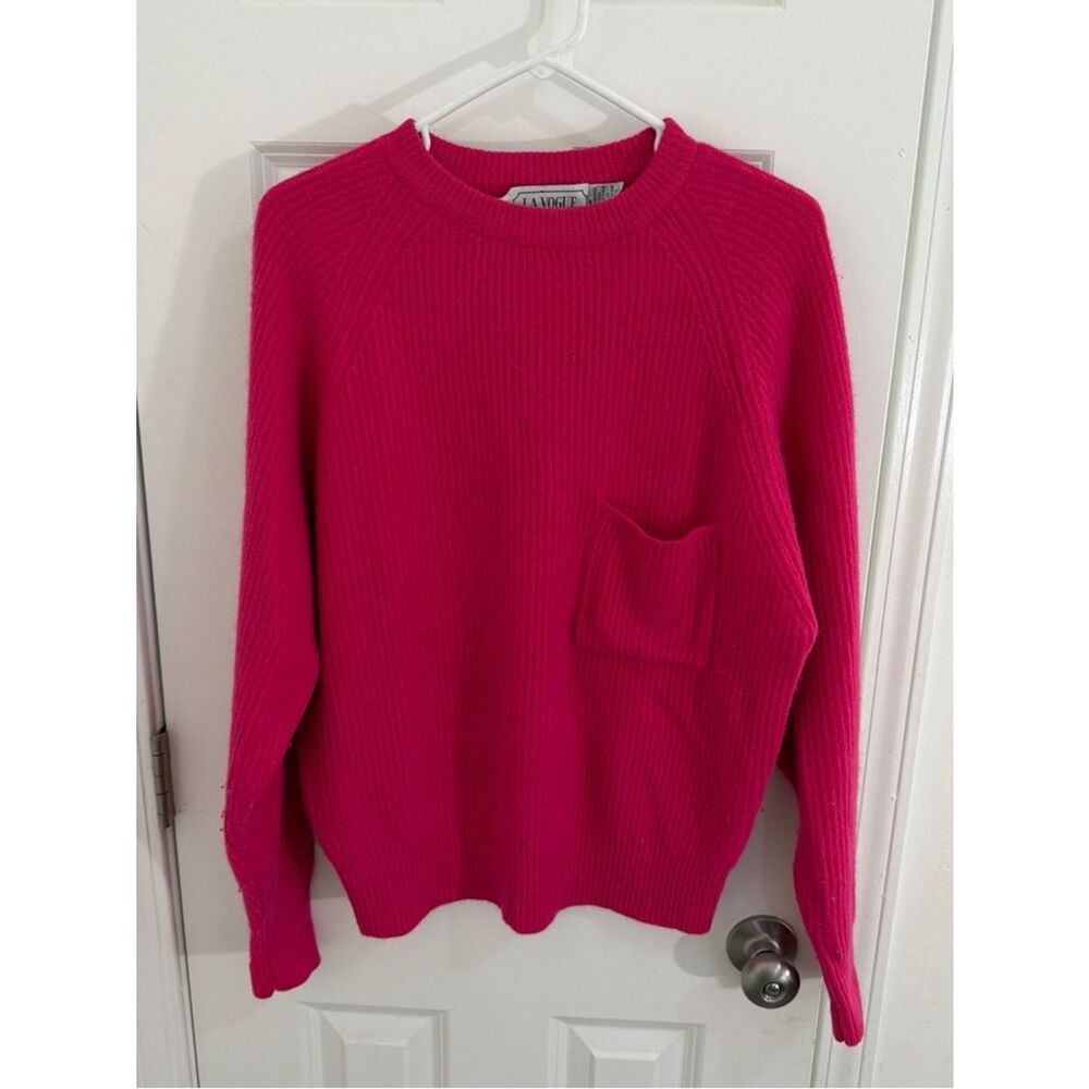 Vogue Hot Pink Ribbed Crewneck Sweater with Pocket Size Medium